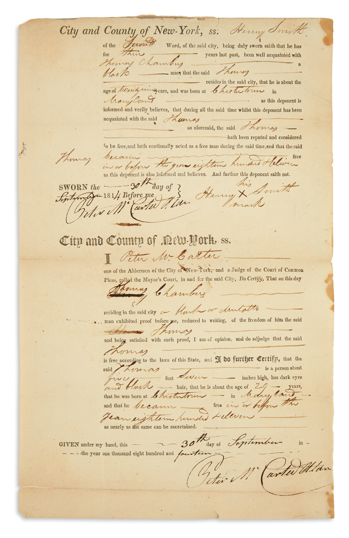(SLAVERY AND ABOLITION.) Certificate of freedom issued in New York.